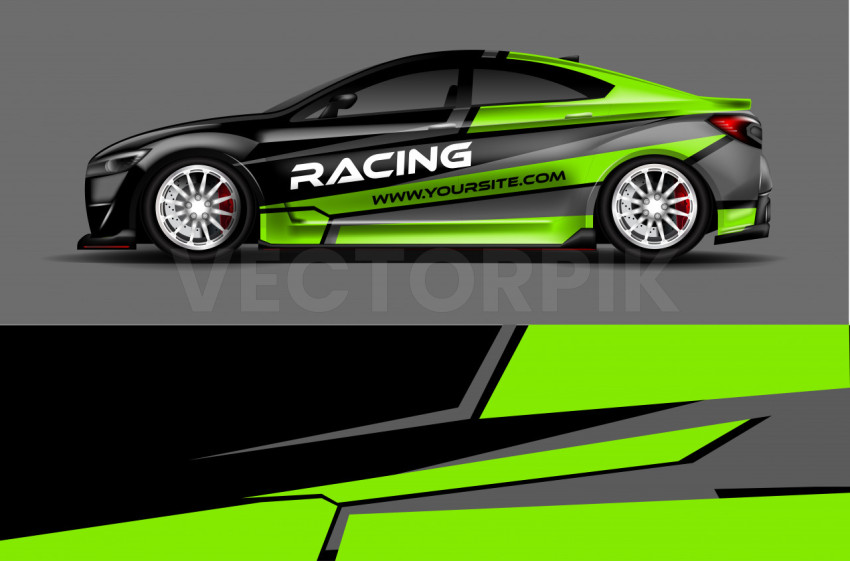 racing car on a gray , black and green stripe abstract vehicle decals and background, best vehicle wrap design