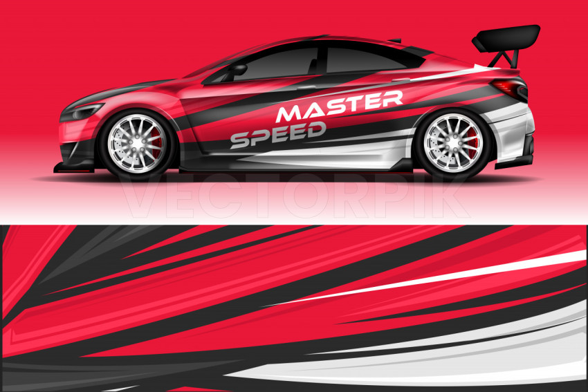 acing car on a black and red stripe and background, best vehicle wrap design